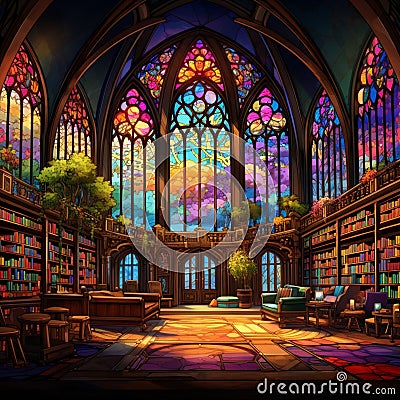 Mesmerizing Library Interior Bathed in Natural Light Stock Photo