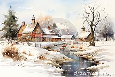 Winter Farm Scenes - Generative AI Stock Photo