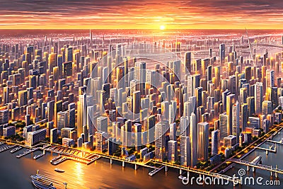 The Marvelous Convergence of a Modern City and a Spectacular Sunset. AI generated Stock Photo