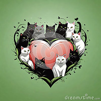 Heartfelt Whiskers A Purrfect Union in Simple Vector Cartoon Style on a Tranquil Green Background Cartoon Illustration