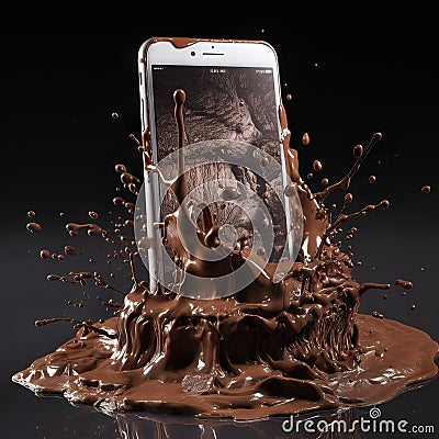 Sweet Tech: Smartphone Dipped in Liquid Chocolate Extravaganza Stock Photo