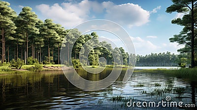 Serenity's Mirror: Tranquil Wood Lake Amidst Majestic Forest Stock Photo