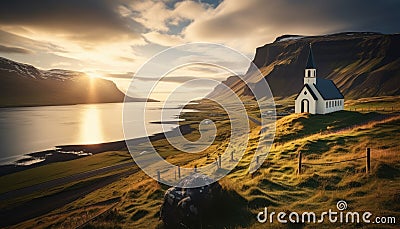 Golden Glow: Evening Light Overlooking Vik Church, Iceland Stock Photo