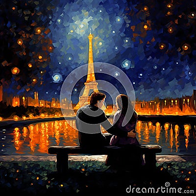 Romantic Picnic under the Night Sky at the Eiffel Tower Stock Photo