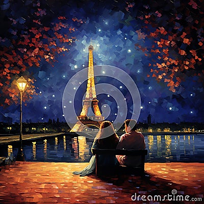 Romantic Picnic under the Night Sky at the Eiffel Tower Stock Photo