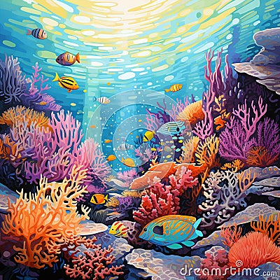Colorful Pointillism Artwork of a Coral Reef Ecosystem Stock Photo