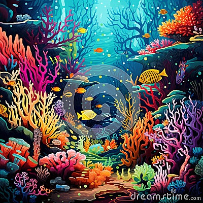 Colorful Pointillism Artwork of a Coral Reef Ecosystem Stock Photo
