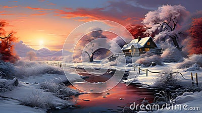 Immerse yourself in the enchanting beauty of winter as the sun sets over a tranquil, snow-covered landscape Stock Photo