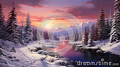 Immerse yourself in the enchanting beauty of winter as the sun sets over a tranquil, snow-covered landscape Stock Photo