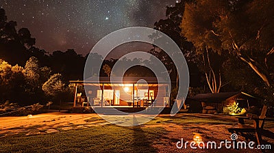 Immerse yourself in the enchanting glow of the Starlit Valley Retreat. Generative Ai Stock Photo