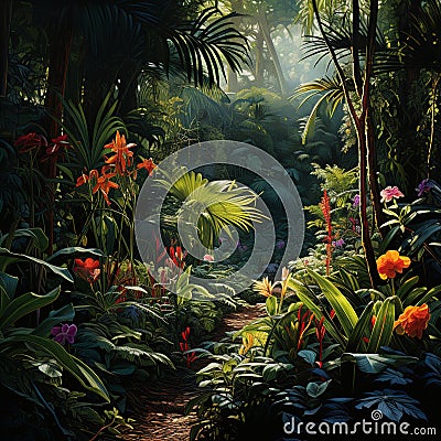 Captivating Lush Jungle Filled with Exotic Plants Stock Photo