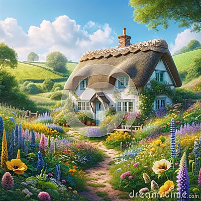 Cottagecore Delight: AI Generated Thatched Roof Cottage and Wildflowers Stock Photo