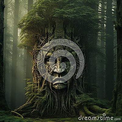 Mystical Forest Scene with Ancient Guardians Stock Photo
