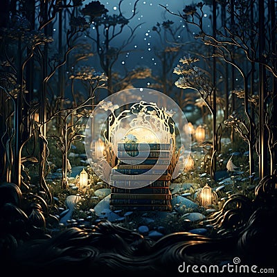 Whimsical illustration of a mysterious forest scene with floating journals Cartoon Illustration
