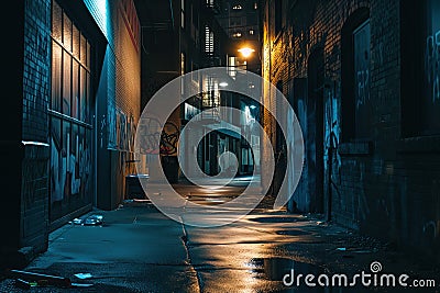 Enigmatic Urban Palette. Dark alley with worn structures and expressive graffiti under the twilight sky. Generative AI Stock Photo