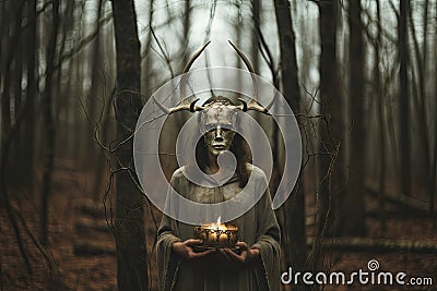 Mystical Reverie: A Woman's Enigmatic Encounter with an Animal Skull in Horror Style. Generative AI Stock Photo