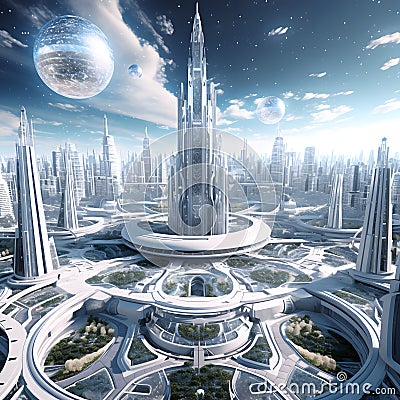 Celestial Cityscape: Striking White Metropolis with Acute-Angled Architecture, generative AI Stock Photo