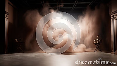 immerse yourself in an ethereal world: empty dark stage transformed with mist, fog, and brown spotlights, perfect for showcasing Stock Photo