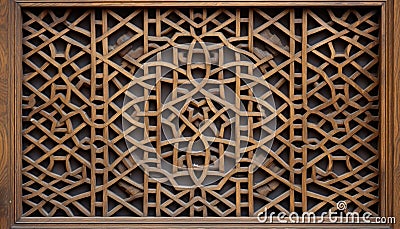 Islamic Artistry in Wood: Traditional Ornaments on Wooden Door and Window Shutter Stock Photo