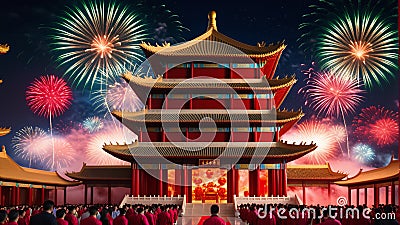 chinese temple with lunar new year celebration, fireworks, chinese new year Stock Photo