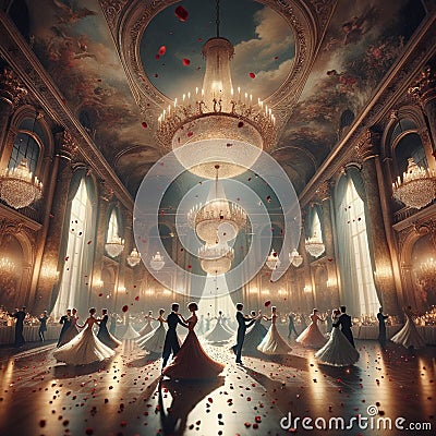 Enchanted Waltz: AI-Generated Ballroom Dance Beneath Glittering Chandeliers and Showering Roses Stock Photo