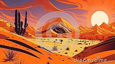 Vibrant Desert Landscape Sand Dunes and Blazing Sun Vector Art - Splash Art for a Mesmerizing Experience Stock Photo