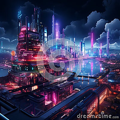 Mesmerizing View of Factories and Machinery in Futuristic Neon Light Style Stock Photo