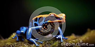 cobalt blue and orange poison dart frog, ultra high detail, subtropical lowland forest background Stock Photo