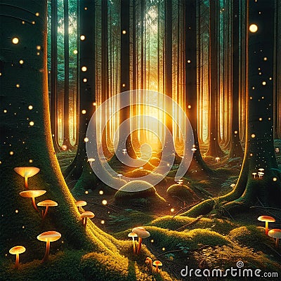 Twilight Glow: Enchanted Forest with Luminescent Mushrooms Stock Photo