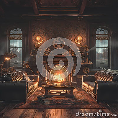 Elegant Steampunk Living Room - Interior Design Inspiration Stock Photo