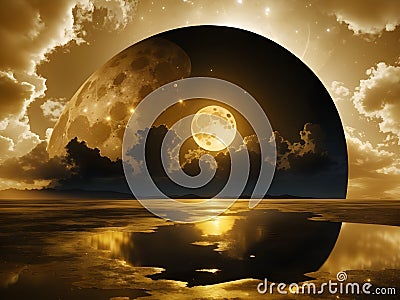 Gilded Lunar Radiance: Captivating Gold Moonlit Sky Stock Photo