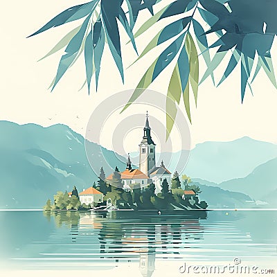 Church on Lake Bled: Tranquil Waterside Paradise Stock Photo