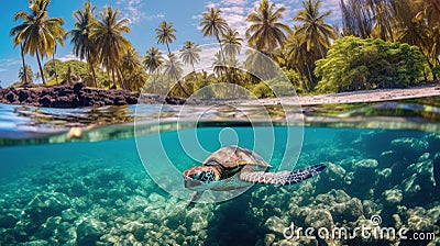 Tranquil Depths: A Sea Turtle's Journey in Shallow Waters Stock Photo