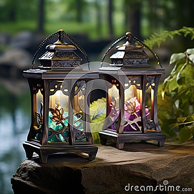 Enchanting Illuminated Decorative Lanterns Radiating Zen Serenity Stock Photo