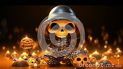 Halloween themed backdrop - a skeleton with a hat and pumpkins Stock Photo