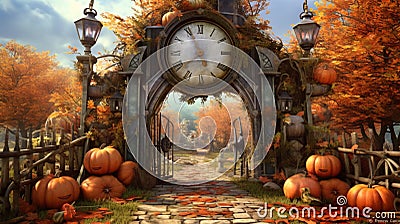 Halloween mural design - a clock on a gate Stock Photo