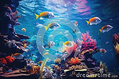 Immerse yourself in a stunning display of aquatic life as a large aquarium bursts with a plethora of brilliant and captivating Stock Photo