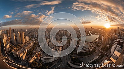 Sunrise City Scape: Hyper-Realistic 360-Degree View Stock Photo