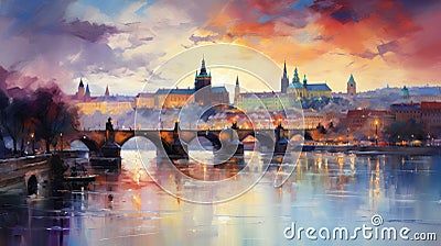 Enigmatic Cityscape: Captivating Impressionistic Painting of Prague's Charm Stock Photo