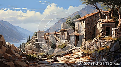 Mountain Elegance: A Captivating Painting of a Greek Village Stock Photo