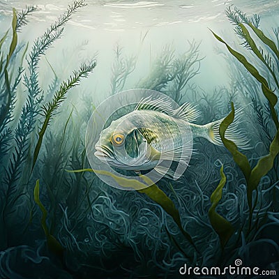 fish swimming underwater with roots, pale blue light, generative ai Stock Photo