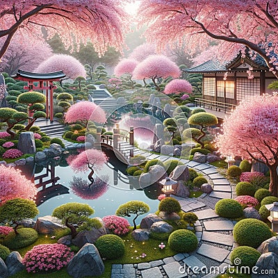 Sakura Serenity: AI Captured Cherry Blossom Garden with Pond and Sculpted Bushes Stock Photo