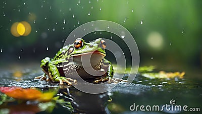 raindrop ballet: tranquil frog amidst nature's canvas. AI generated Stock Photo