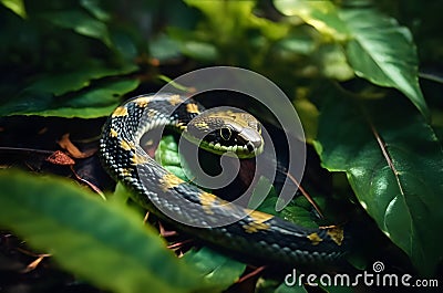 Wild Snake on Green Leaves, allure of wildlife Stock Photo