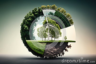 Green planet with wind turbines and trees. Ecology concept Stock Photo