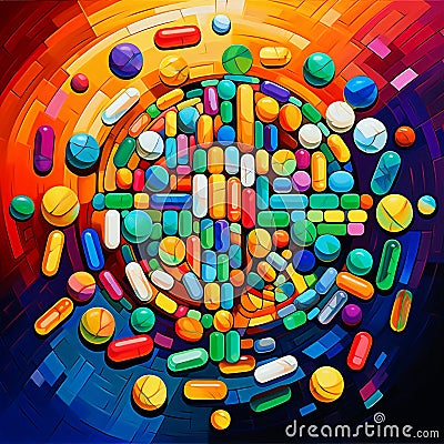 Vibrant Abstract Art: Harmony and Healing with Pills and Medications Stock Photo