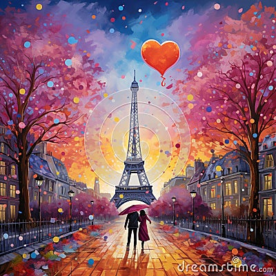 Whimsical Scene in Paris with Oversized Rainbow-Colored Eiffel Tower Stock Photo