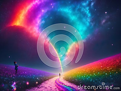 Whimsical Wonderland: Capturing the Vibrant Magic of Rainbow Trees in the Galaxy Environment Stock Photo