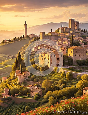 AI-Generated Delight: Exploring an Italian Summer Sunset with Cottage, River, Medieval Village, and Castle Stock Photo