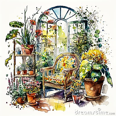 A Botanical Haven: The Watercolor Floral Greenhouse AI Generated Stock Photo
